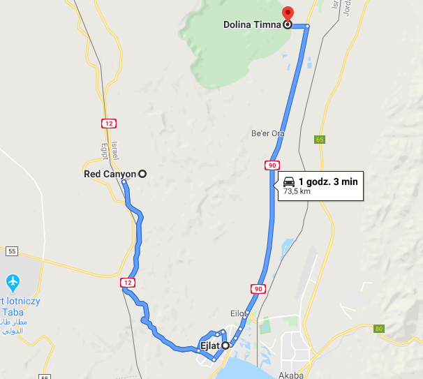 Mapka trasy z Ejlatu do Red Canyonu i Timna Parku